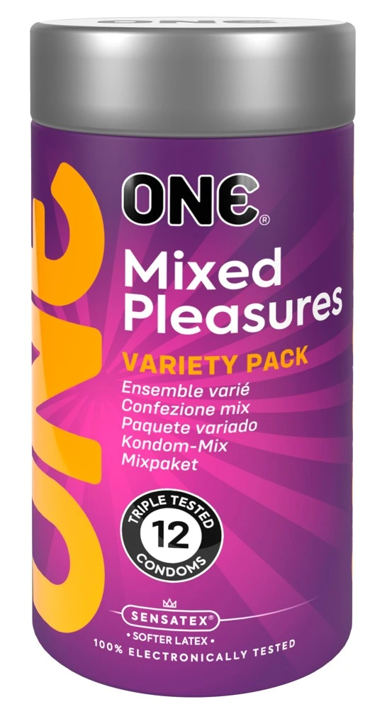 ONE Mixed Pleasures 12er, ONE Kondom-Set Mixed Pleasures – 6 Sorten für heiße Nächte mit befeuchteten, ultraweichen Sensatex-Kondomen, vegan und gentechnikfrei hergestellt