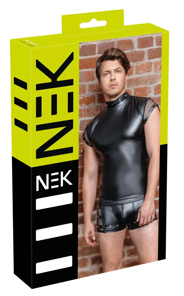 Schwarzes Shirt von NEK im betonenden Mattlook mit nietenbesetztem Halsfessel-Riemen, der auch abgenommen werden kann.