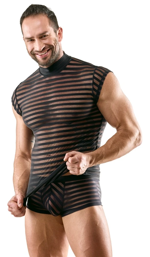 Herren Shirt Svenjoyment Shirt schwarz transparent mit Stehkragen – maskuliner Querstreifen-Look, figurbetont und elastisch