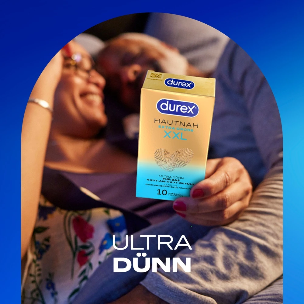 Durex Hautnah Extra Groß 10er, Fühl den Unterschied: Hautnahes Empfinden in XXL transparente, ultra dünne Kondome mit Gleitgel und perfekter Passform