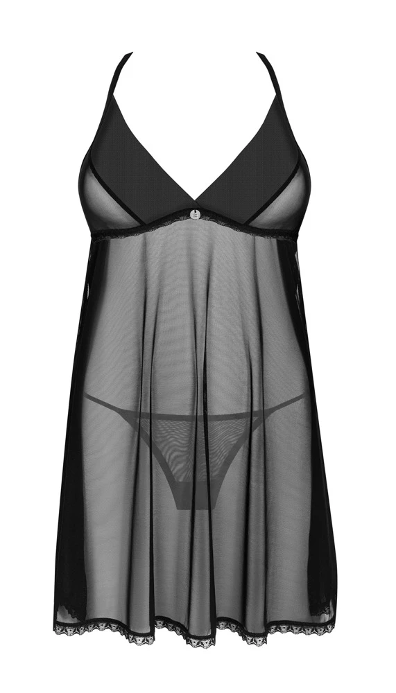 Obsessive Babydoll und String im schwarz-transparenten Set.  Luftig, weich und elastisch für hohen Tragekomfort. Träger hinten mit edler Stickerei verziert.