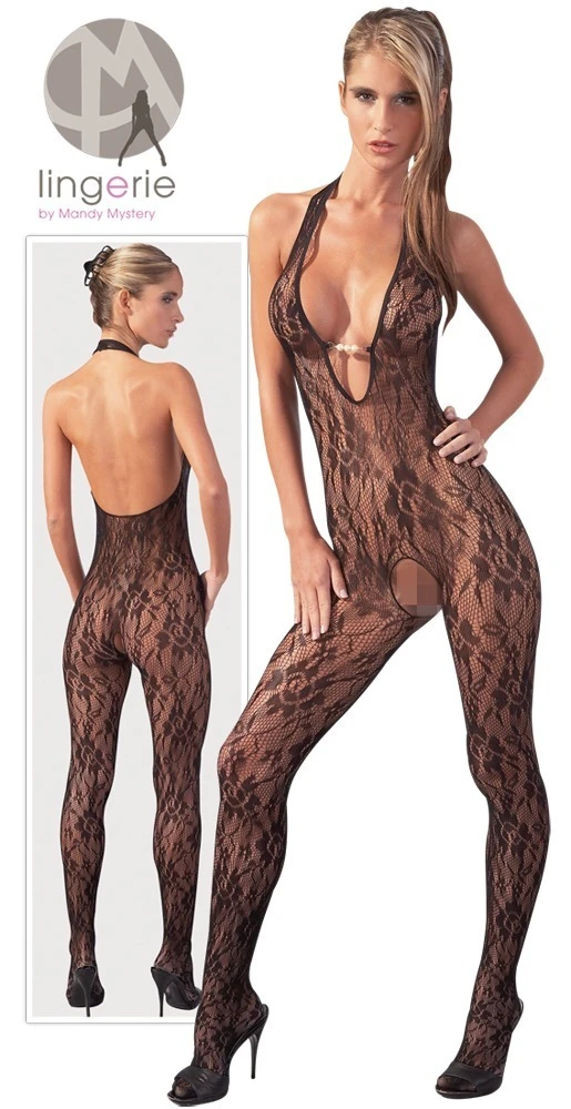 Schwarzer Catsuit aus filigran gearbeitetem Netz, mit Neckholder und drei Perlen am Dekolleté.