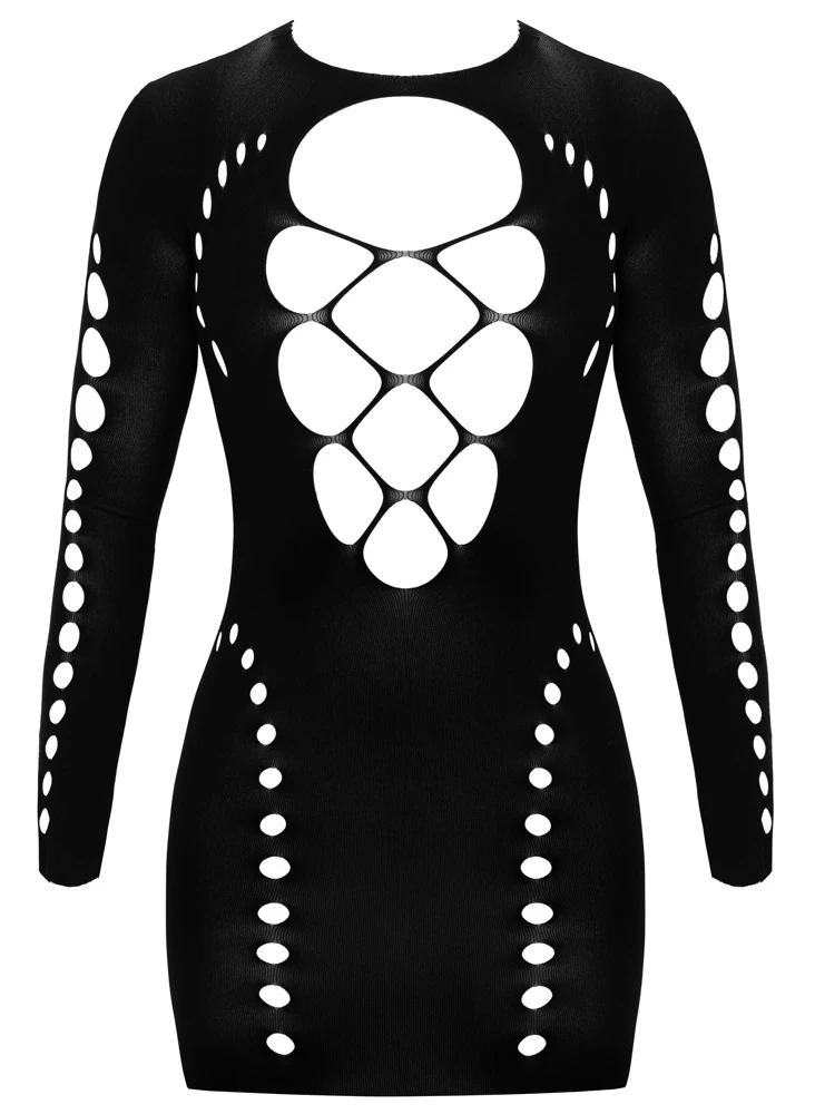 Schwarzes enges Langarm-Minikleid mit auffälligen Cut-outs, großem Front-Ausschnitt und Bändchen-Design über Dekolleté und Po, rückenfrei und figurbetont von Fantasy by Cottelli