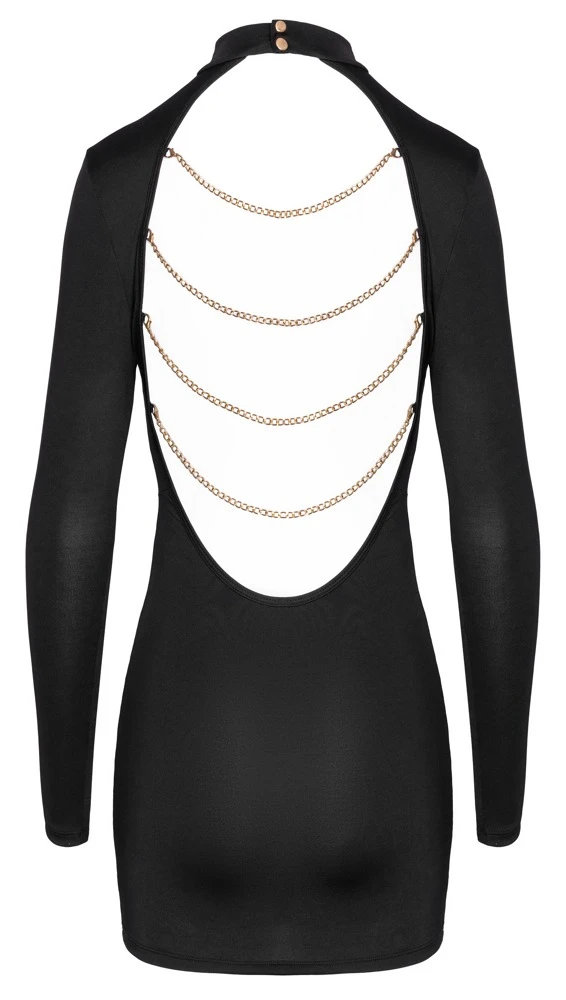 Schwarzes Langarm-Minikleid von Cottelli PARTY – eng tailliert mit tiefem Rückenausschnitt und goldfarbenen Ketten, die abnehmbar sind, für einen sexy und aufregenden Look vorne edel, hinten unwiderstehlich