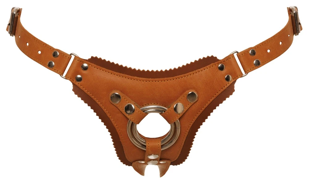 Strap-on-Jock von ZADO aus glattem Leder in typischer Naturoptik mit silberfarbenen Metalldetails. Doppellagig gearbeitet und mit leicht gepolstertem Rücken.