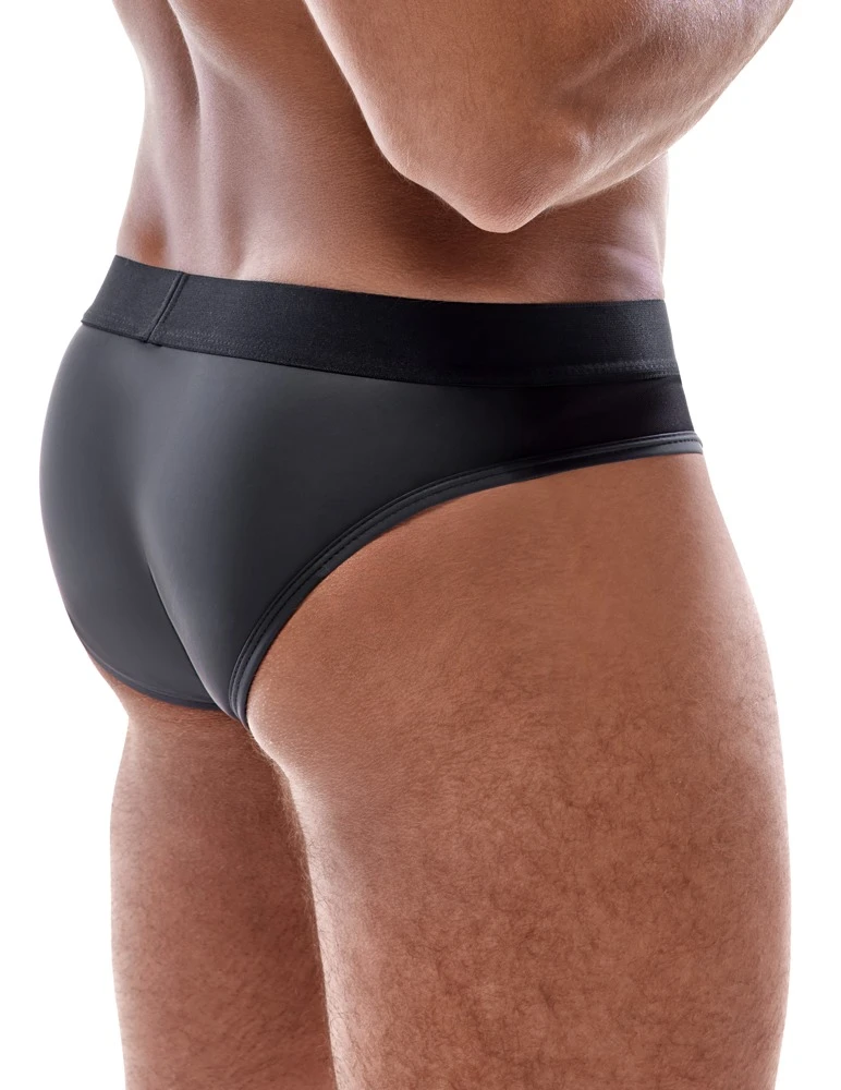 Slip von Svenjoyment mit gepolstertem Beutel für eine markante Frontwölbung. Edler schwarzer Mattlook mit Netz-Einsätzen vorne.