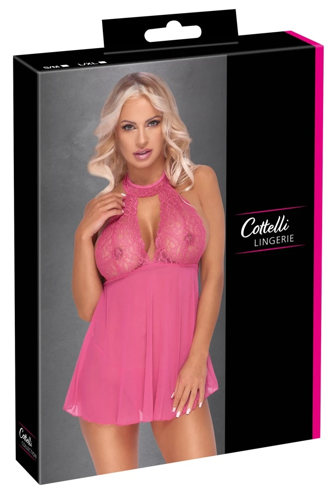 Cottelli LINGERIE Babydoll mit String Dekollete aus Spitze Chemise Rückenfrei pink