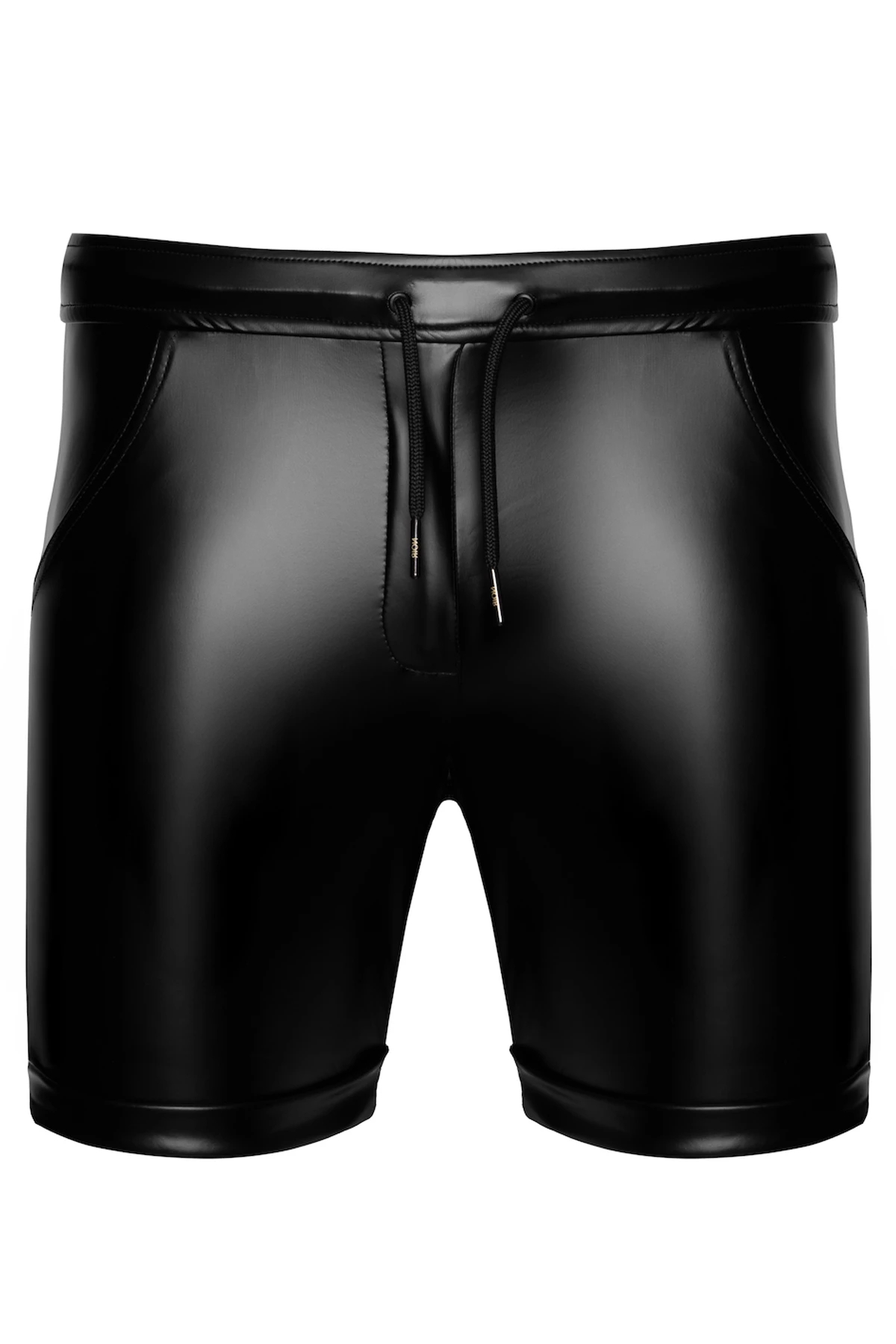 Noir Handmade Men – Schwarze Powerwetlook Shorts Rogue H088 mit glatter Oberfläche, flexiblem Sitz, Reißverschluss vorn und verstellbarem Bund für einen markant sexy Look