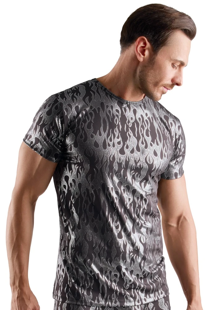 Kurzarm-Shirt Schwarz-Silber Svenjoyment im Mystic-Metallic-Look – hautnah betont, sexy schimmernd und elastisch für maskuline Ausstrahlung