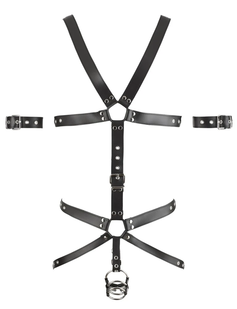 Robuster Einteiler von ZADO mit verstellbaren Leder-Riemen und 3 Metall-Ringen für Penis und Hoden.