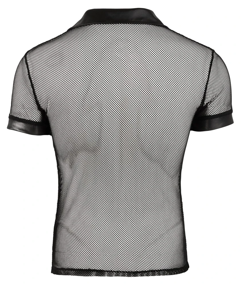 Maskulines Hemd mit Polokragen und kurzer Druckknopfleiste in der Front. Materialmix aus Netz und Wetlook.