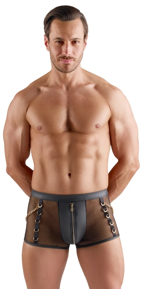 Erotische schwarze Netz-Pants von Svenjoyment mit markanten Wetlook-Details, Reißverschluss am blickdichten Beutel, goldfarbenen Ringen und abnehmbaren Karabinerketten