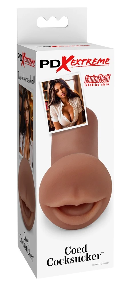 PDXE Coed Cocksucker Brown, Griffiger Handjob-Masturbator in Mund-Optik: Intensives Vergnügen mit hautähnlichem Fanta-Flesh-Material