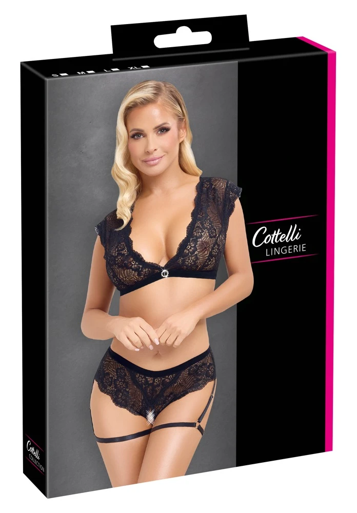 Cottelli LINGERIE Top & Slip ouvert im Set, Raffinierte Erotic Unterwäsche aus schwarzer Spitze
