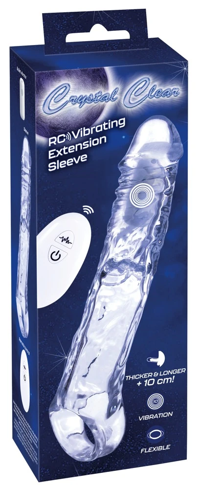 Crystal Clear RC Vibrating Ext, Crystal Clear RC Vibrating Extension Sleeve – Aufreizende transparente Penisverlängerung mit 10 Vibrationsmodi, Fernbedienung und 10 cm XXL-Extra-Länge