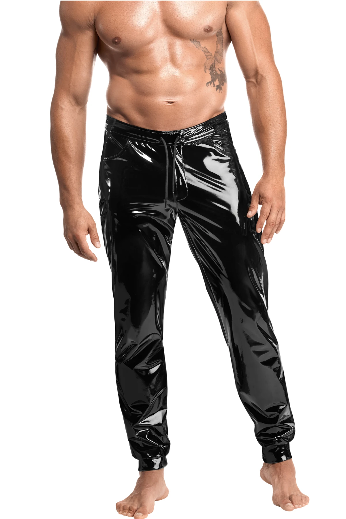 Schwarze Kinky Lack Hose Voltage H093 Herren – schmal geschnittene dehnbare Lackhose mit Front-Reißverschluss und Kordelzug von Noir Handmade Men