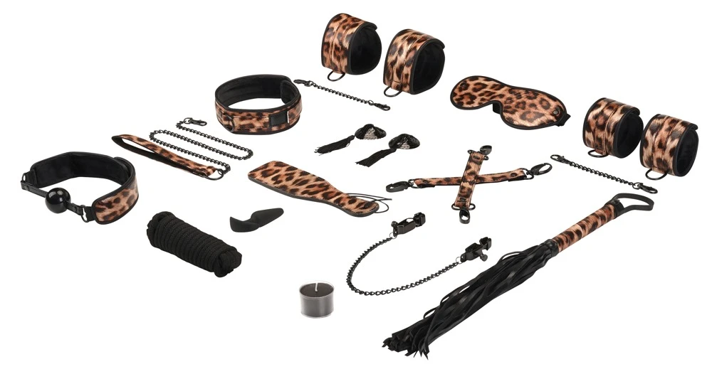 LS Leopard Print, Fesselspiele-Set im Leo-Look: 13 Teile für aufregende BDSM-Abenteuer mit Fesseln, Knebel, Maske und Shibari-Seil!