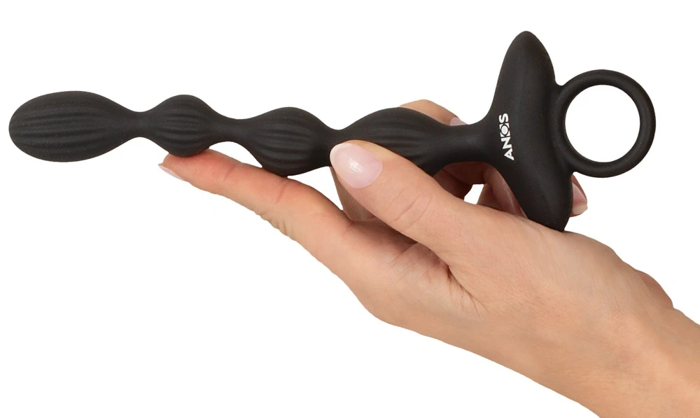 ANOS Flexible Anal Beads, ANOS Anal Beads mit 2 Motoren und Jumping Vibrations – flexibler rillenstrukturierter Analkugelstrang mit 10 intensiven Modi