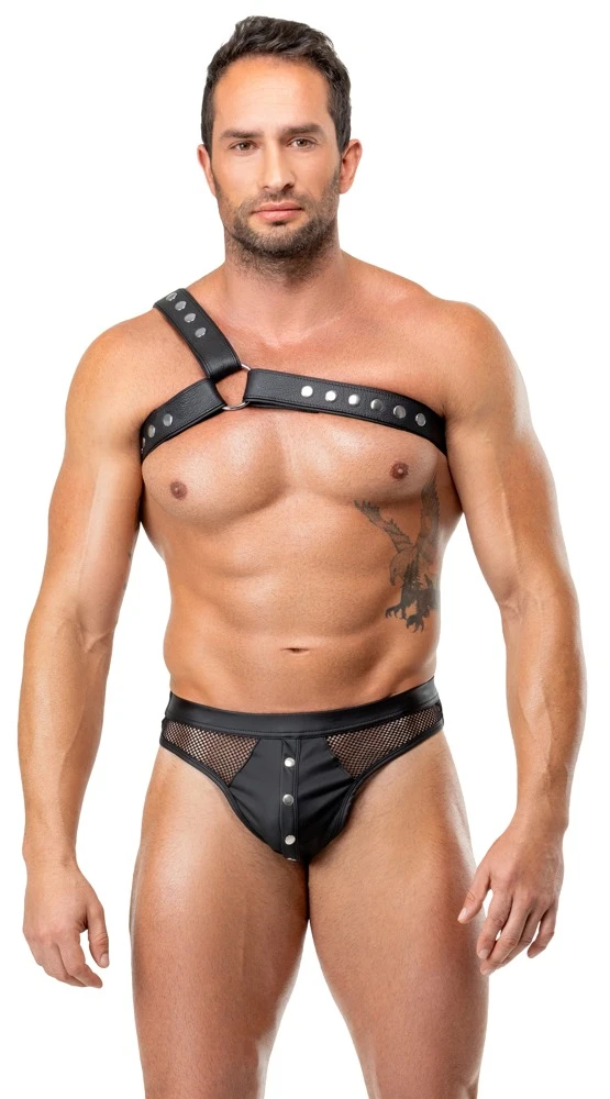 Leder Herren Harness ZADO Leder Brustharness einseitig schwarz mit Ringen Druckknöpfen markantem Look weich doppellagig verstellbar für starken Style
