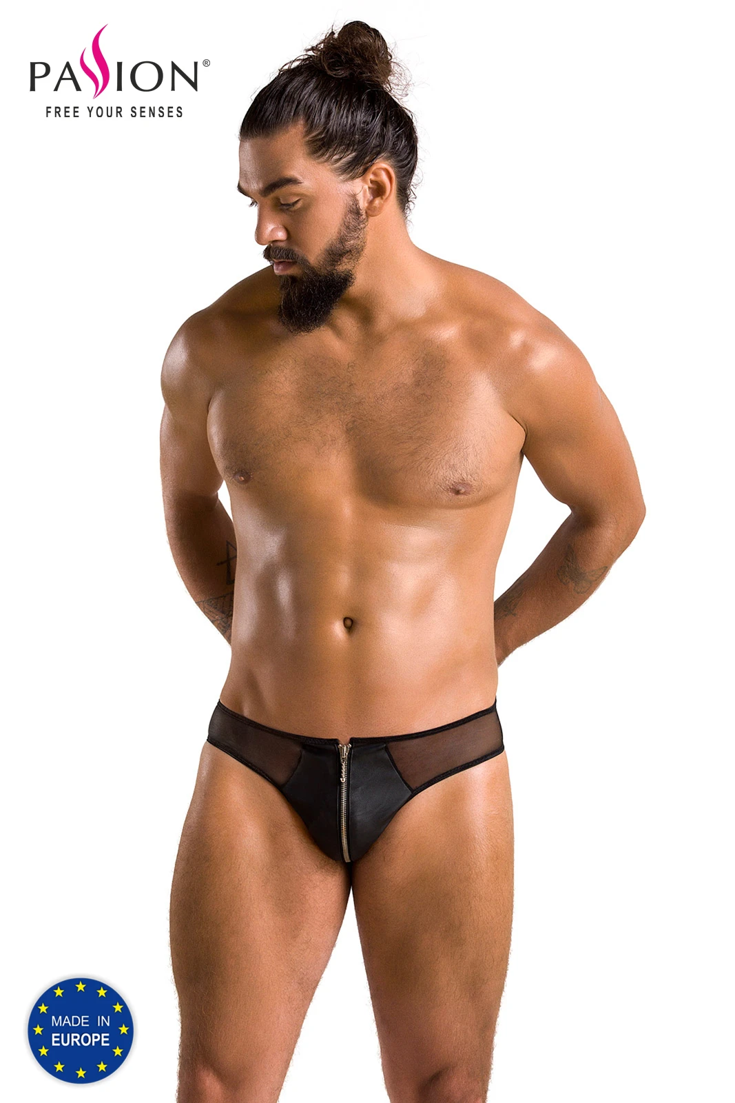 Kunstleder schwarzer Herren Slip mit Zip und Netz von Passion Menswear 042