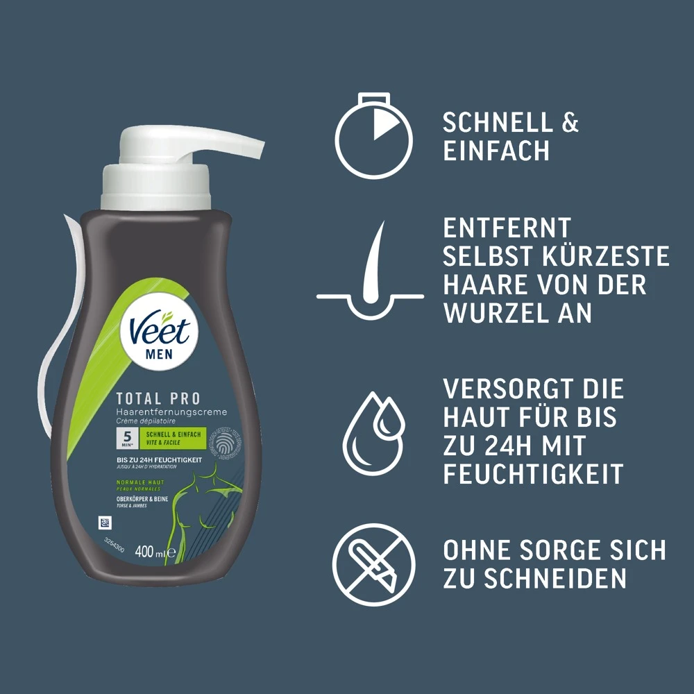 Veet Men TOTAL PRO Haarentfernungscreme für Oberkörper und Beine mit schneller Wirkung in 5–10 Minuten, glatter Haut, 24h Feuchtigkeit und weniger Stoppeln 400 ml