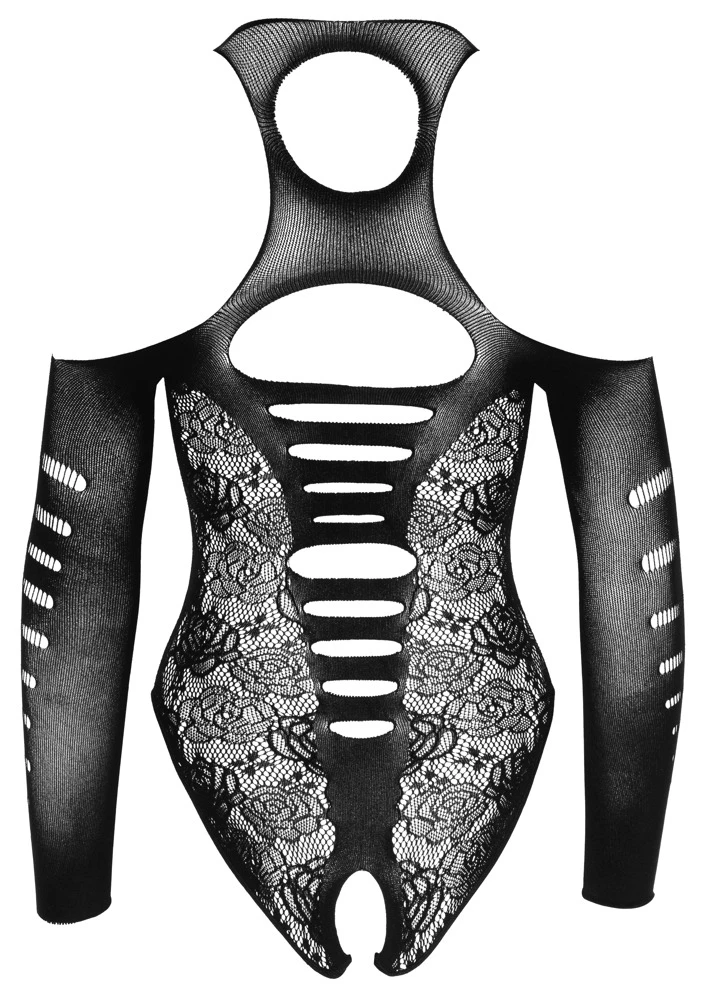 Streichelweicher Body ouvert von NO:XQSE in verführerischer Spitzenoptik. Mit 3/4 Arm und Cut-outs auf den Schultern.