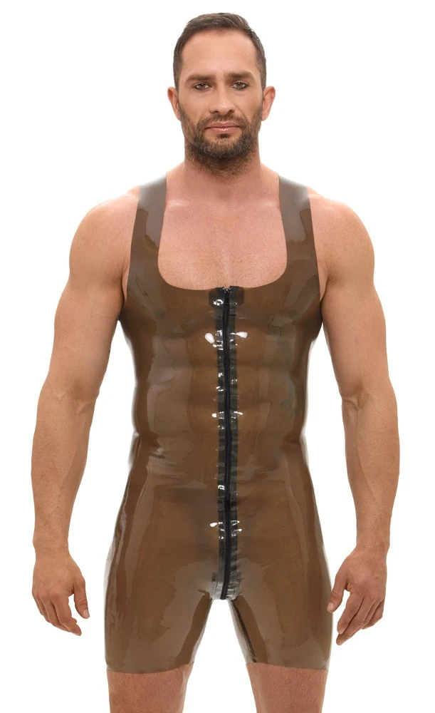 Latex-Trägerbody in Smoke mit kurzem Bein, rauchgrau-transparent & hauteng mit 2-Wege-Zip bis über den Po – kinky Statement-Look von LateX