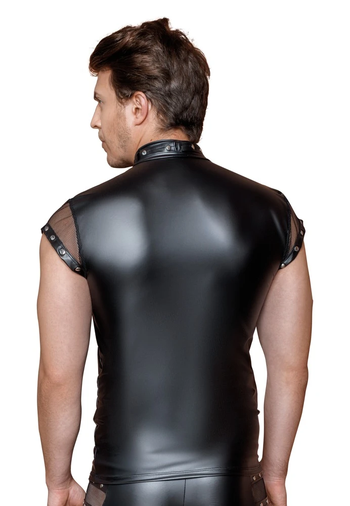 Schwarzes Shirt von NEK im betonenden Mattlook mit nietenbesetztem Halsfessel-Riemen, der auch abgenommen werden kann.