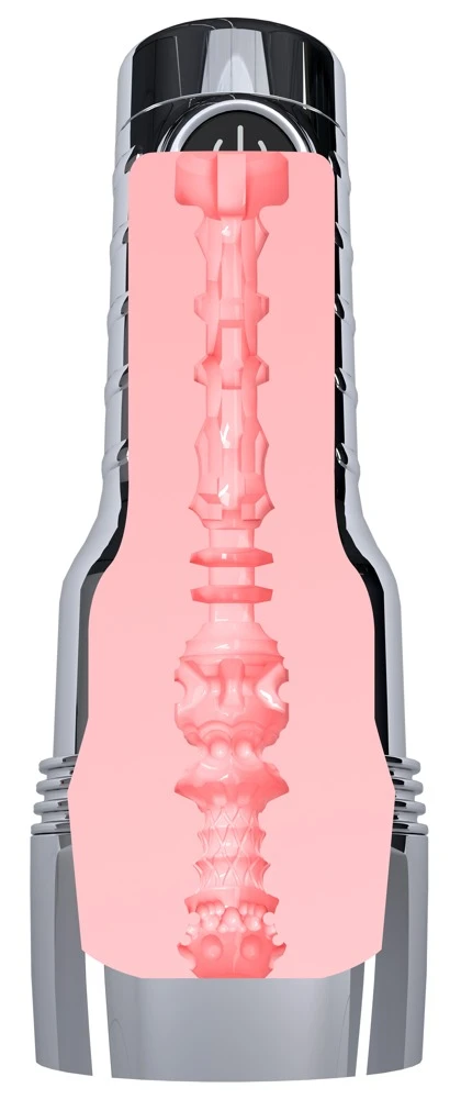 Fleshlight Pink Quiver, Fleshlight Quiver Masturbator Chrom-Optik mit Vulva/Vagina – 2 Motoren, Wärmefunktion, 10 Vibrationsmodi, Superskin Sleeve für intensives echtes Feeling