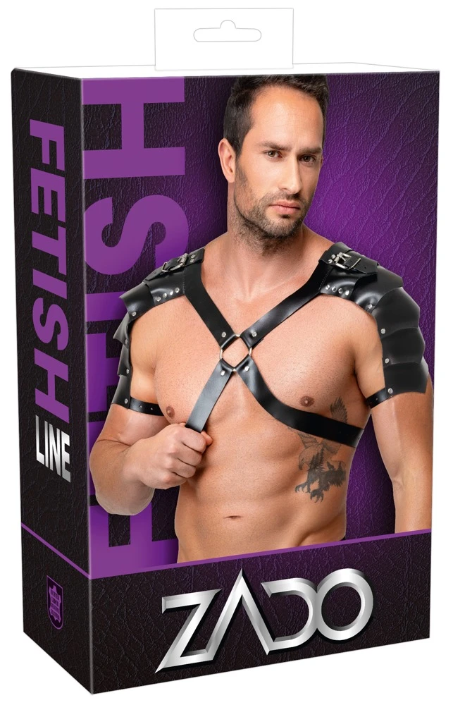 Leder Herren Harness, ZADO Leder Harness-Set mit Handfesseln & Haltegriff, Brust- und Schenkel-Harness, verstellbar, schwarz