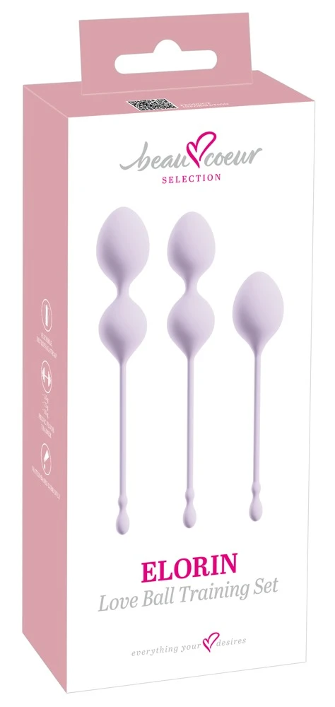 ELORIN Loveball Trainingsset von beau cœur mit drei Liebeskugeln in unterschiedlichen Größen und Gewichten für individuelles, diskretes Beckenboden-Training mit elastischen Rückholbändern für Einsteigerinnen und Geübte