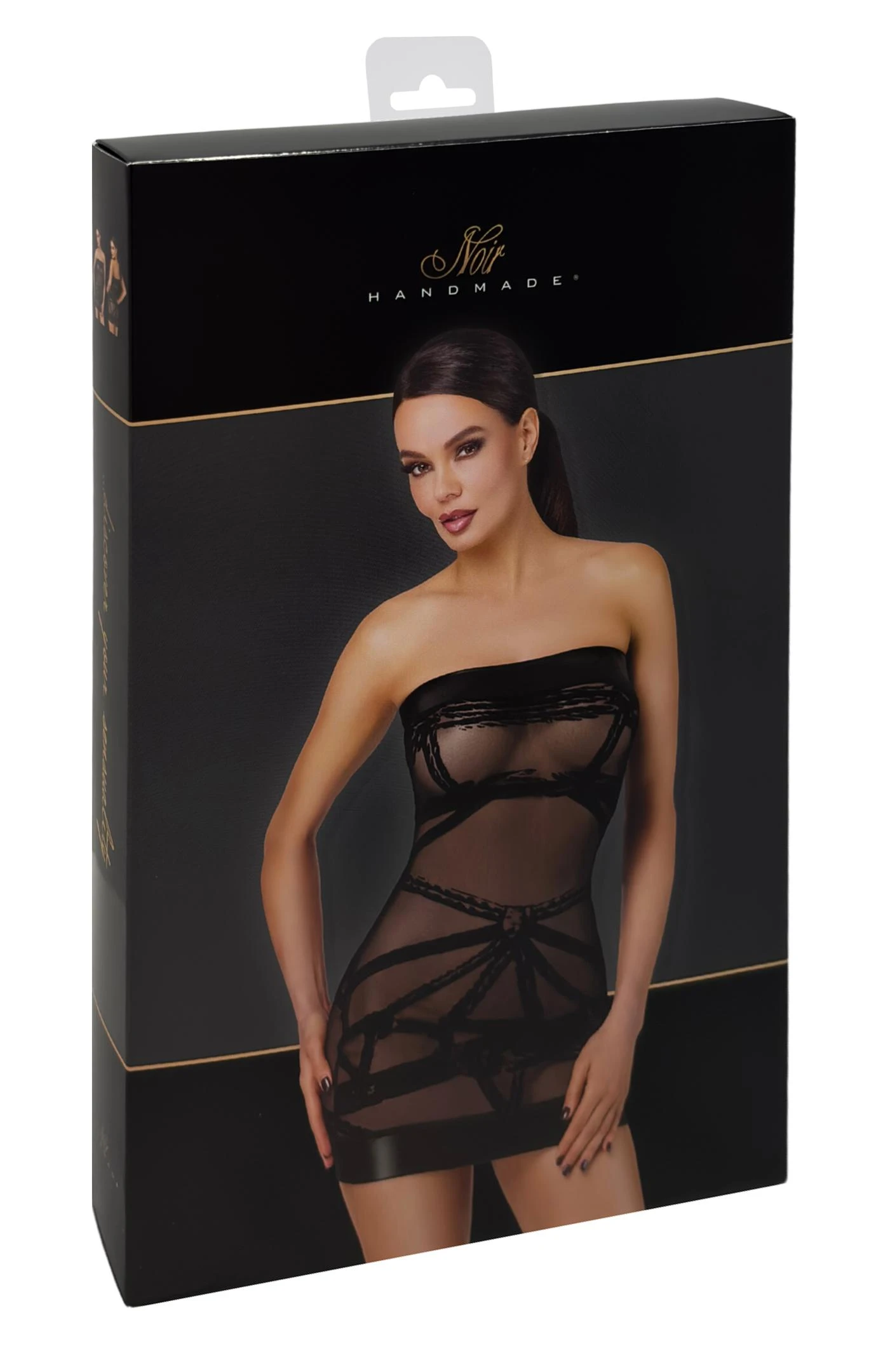 Off-Shoulder Minikleid Bondesque Kinky aus elastischem Tüll mit Shibari-Flock und breiten Wetlook-Bündchen – gewagt, figurbetont und stilvoll für selbstbewusste Auftritte von Noir Handmade F359