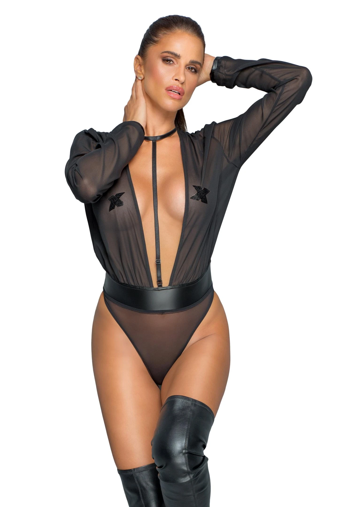 F328 Mesh body Eleganter transparenter Body: Chiffon-Oberteil, tiefes Dekolleté, verstellbare Träger und akzentuierte Power-Wetlook-Taille.