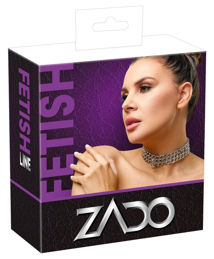 Schwarze Leder-Halsfessel von ZADO mit 3 Metall-Gliederketten, an denen vorne ein Ring befestigt ist.