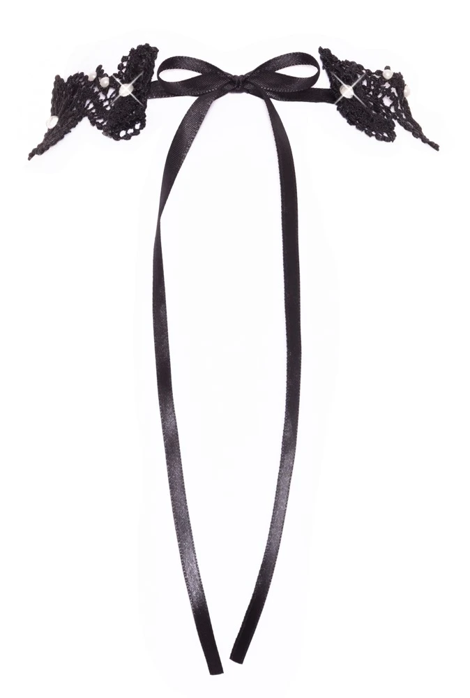 Stickerei-Halsband in schwarzer Spitzenoptik mit Perlen und Glitzersteinchen, weich, anschmiegsam und mit Satin-Bindeschleife im Nacken von Obsessive