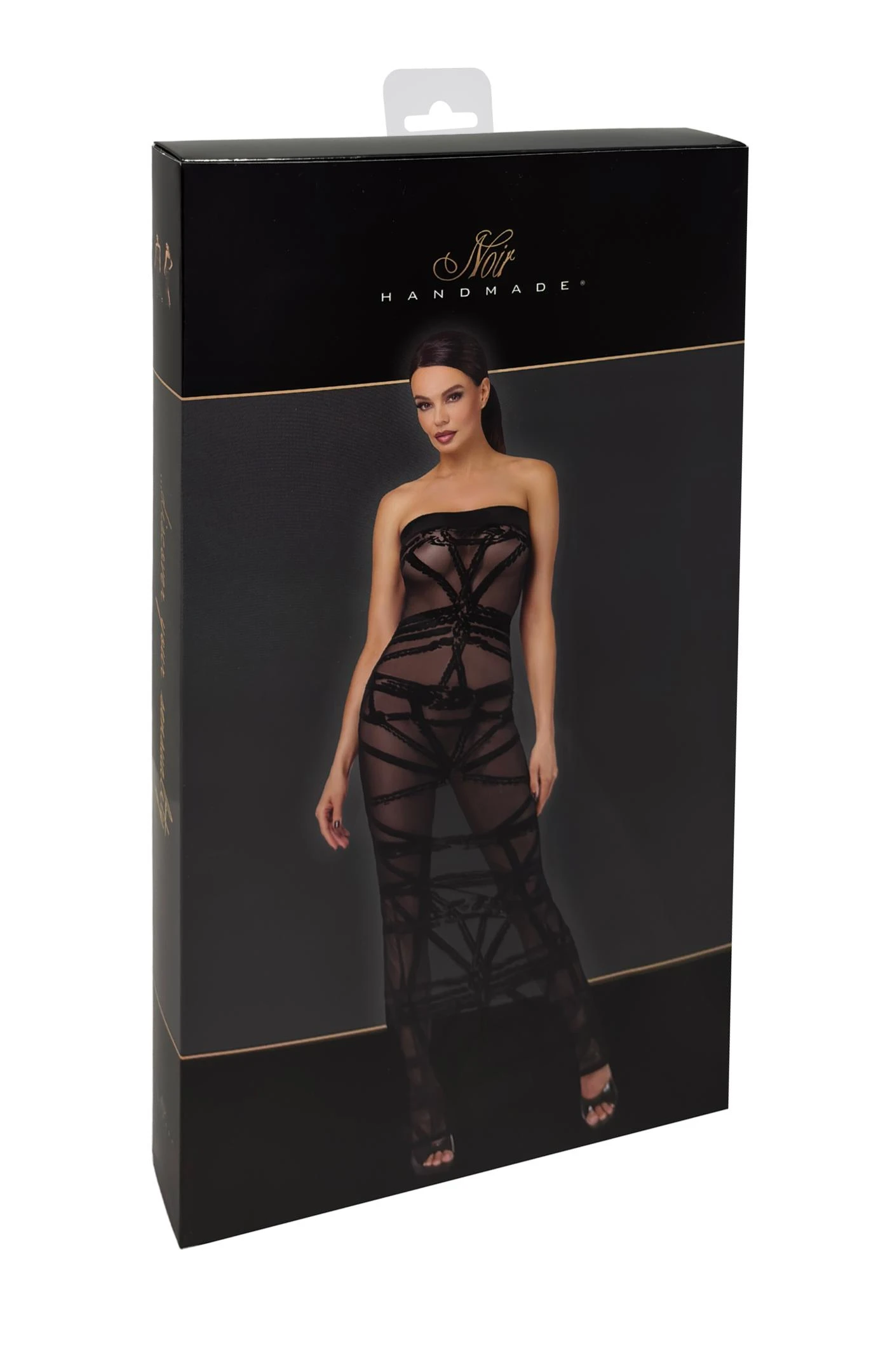 Langes Off-Shoulder Kleid Bondesque Kinky aus elastischem Tüll mit Shibari-Flock und Wetlook-Bund, figurbetont mit Gehschlitz für einen kraftvollen und stilvollen Look F358 Noir Handmade