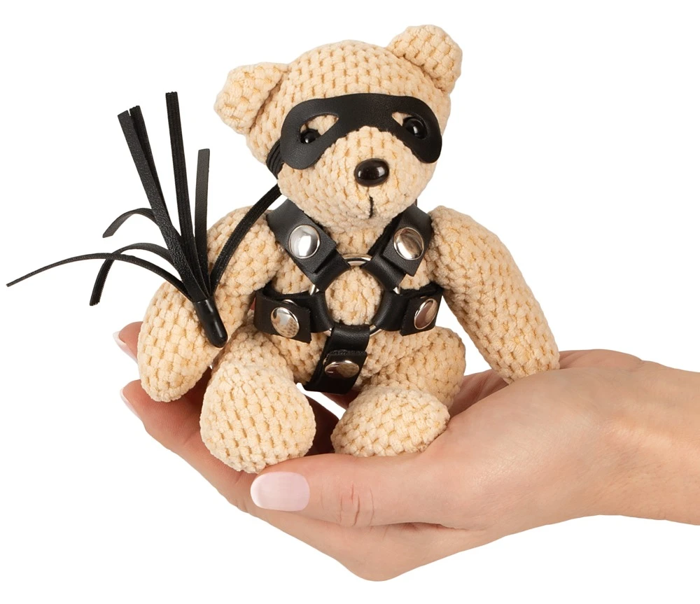Bad Kitty SM-Teddy gehäkelt Mini-Begleiter mit Lederimitat-Harness, Augenmaske, Peitsche und Schlüsselanhänger für freche Momente