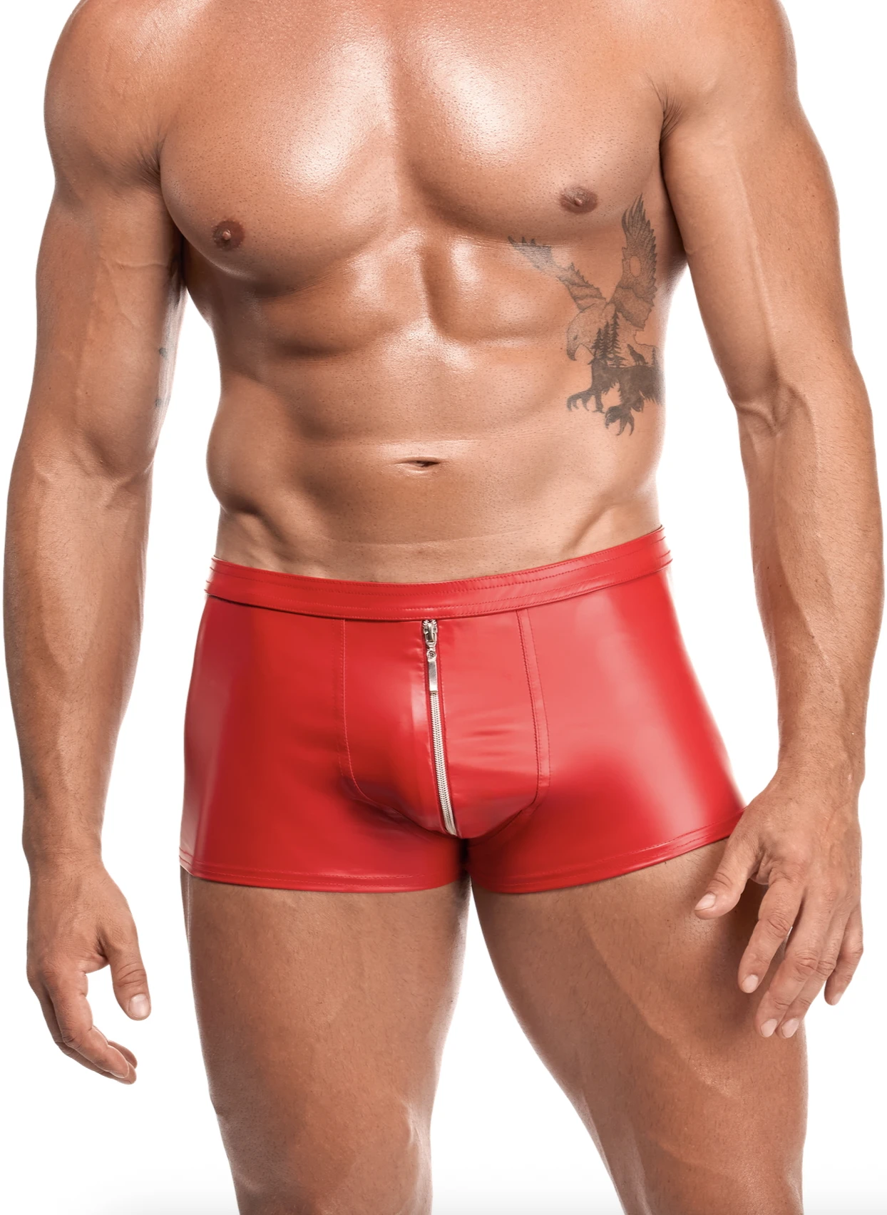 Rote Kinky Shorts Ignite H097 Herren Powerwetlook kurz mit silbernem 2-Wege-Reißverschluss und elastischem Bund von Noir Handmade Men