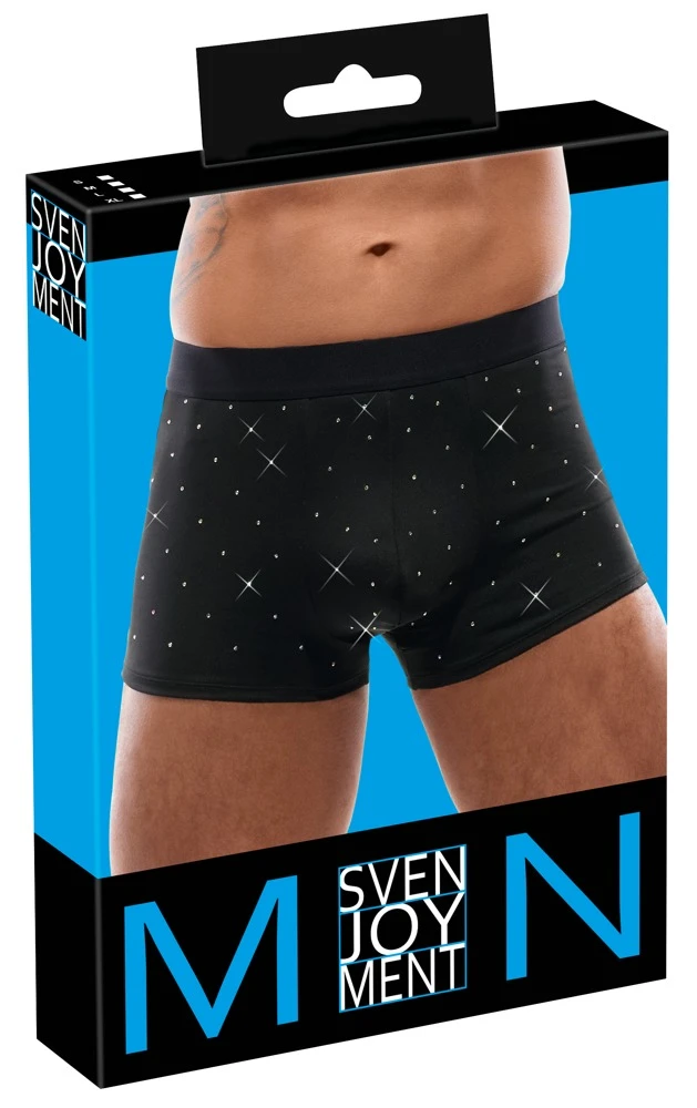 Enge, betonende Pants von Svenjoyment aus schwarzer Mikrofaser, vorne mit schillernden Strass-Steinchen besetzt.