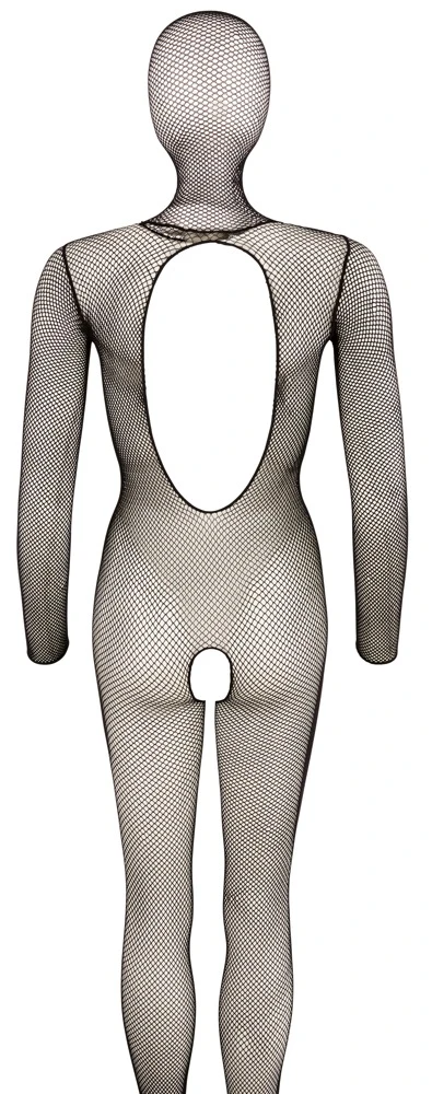 Hochelastischer Catsuit ouvert mit Kopfmaske ohne Augen- und Nasenlöcher. Lediglich der Mund bleibt frei.