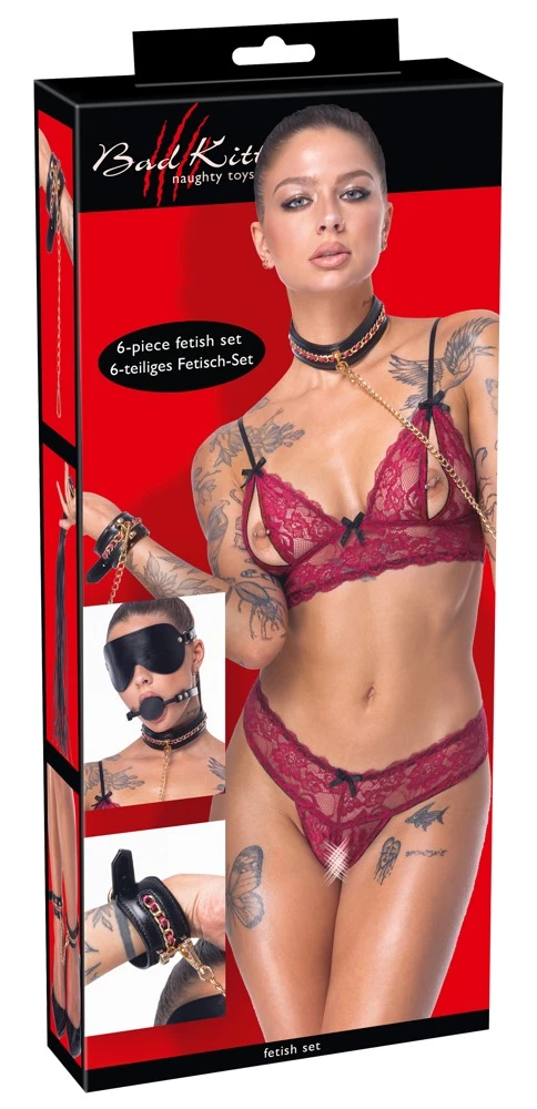 6-teiliges Bondage-Set von Bad Kitty aus schwarzem Lederimitat mit goldfarbenen Accessoires und roten Akzenten für stilvolle Fesselspiele