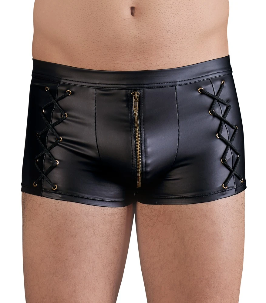 Schwarze Pants mit unterlegtem Messing-Reißverschluss in der Front. An den Seiten mit markanten Schnürungen.