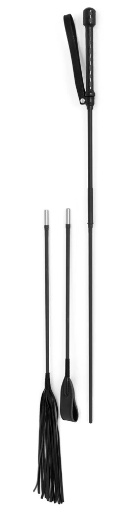 Bad Kitty Crop Set, Flogger,Ca, 4-teiliges schwarzes Spanking Peitschen-Set mit langem Griff und 3 austauschbaren Aufsätzen Flogger Gerte Rohrstock ultraleicht handlich präzise Kontrolle dank rutschfestem Riffelgriff