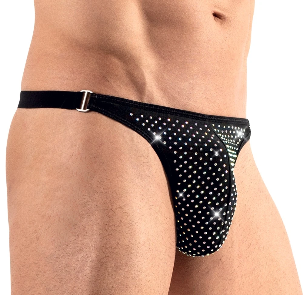 Extravaganter schwarzer String von Svenjoyment mit bunt schillernder Front aus unzähligen Glitzer-Steinen.