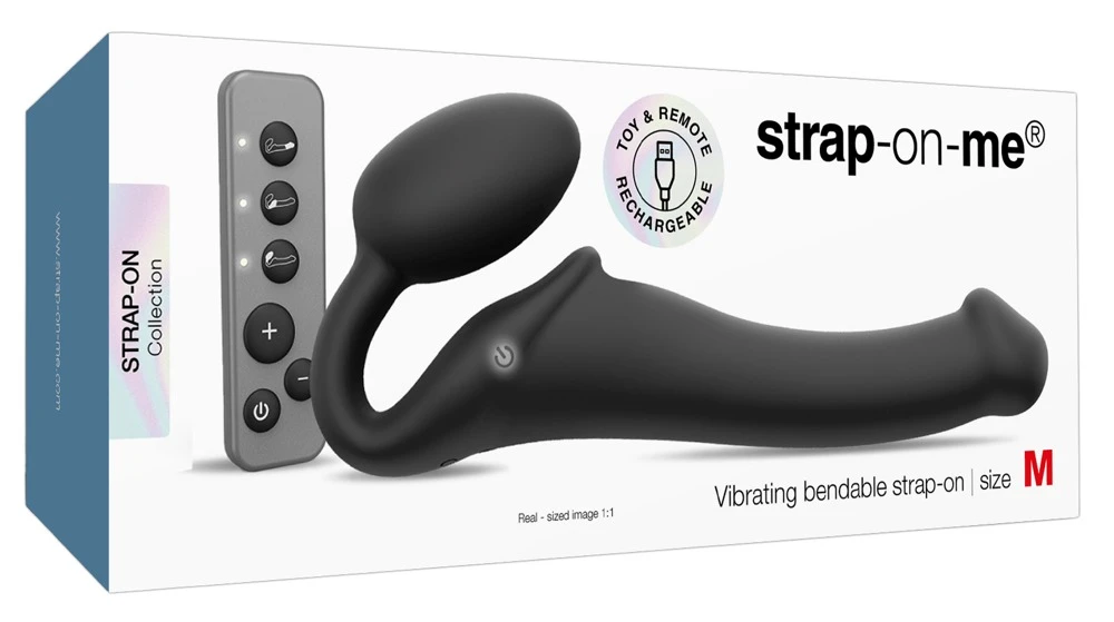 Vibrating Strap-On M , Vibrating Bendable Strap-On mit 3 Motoren, Fernbedienung, wasserdichtem Silikon und individuell steuerbaren Vibrationen für vielseitige Anwendungen beim Solo- und Partnerspiel