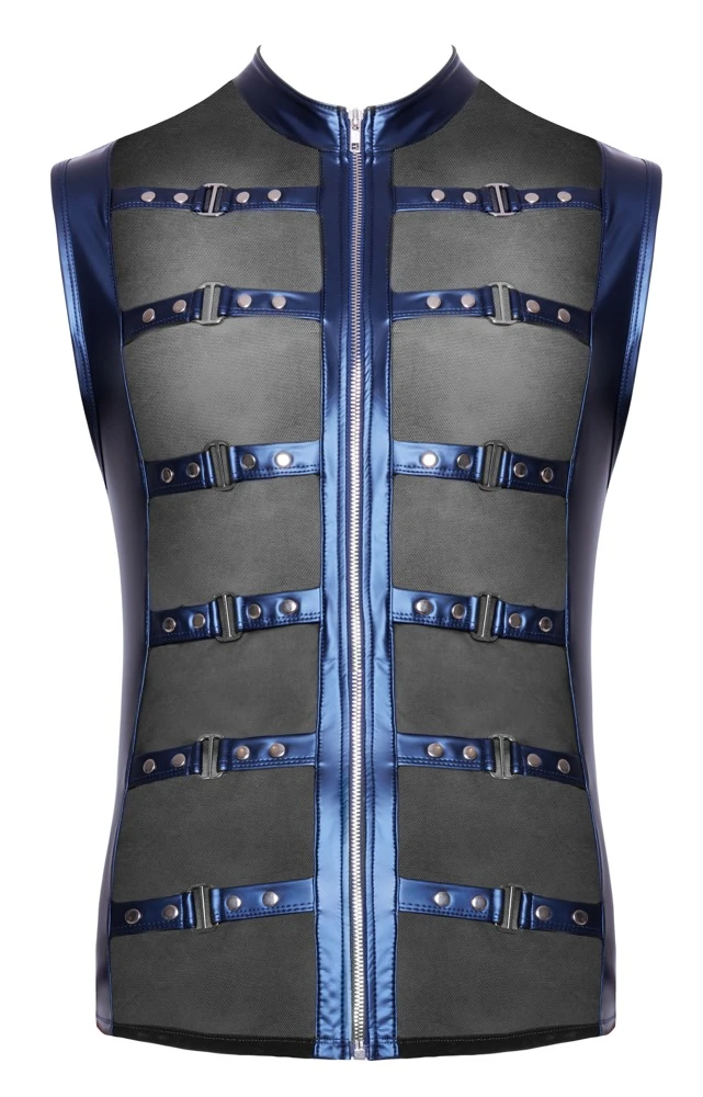 Ärmelloses Shirt von NEK mit Metallic-Mattlook in Blau, Powernet-Einsätzen, Stehkragen und Reißverschluss für markanten Style Ärmelloses Shirt von NEK mit Metallic-Mattlook in Blau, Powernet-Einsätzen, Stehkragen und Reißverschluss für markanten Style
