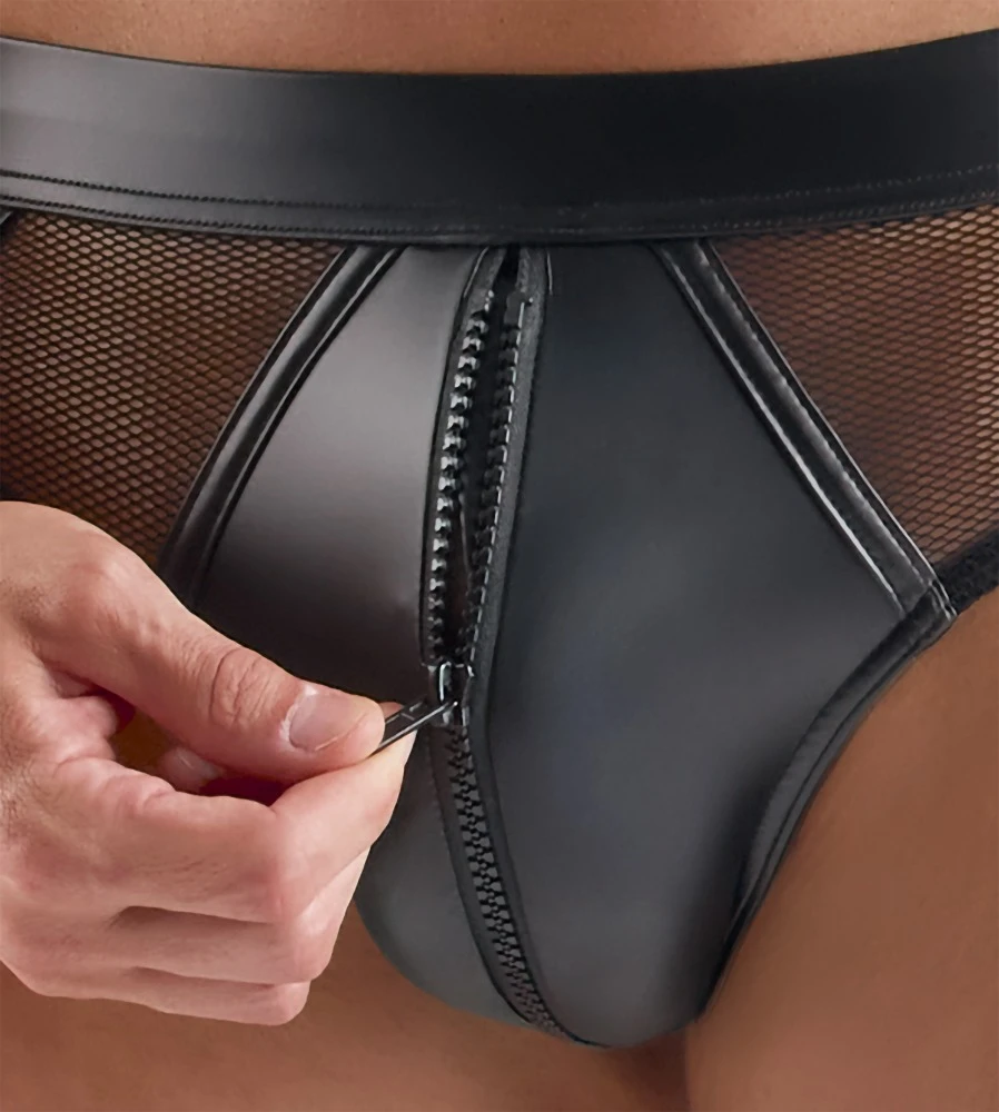 Svenjoyment Wetlook-Slip in Schwarz mit Reißverschluss im Frontbereich und transparenten Netzeinsätzen, elastisch und anschmiegsam für optimalen Sitz und hohen Tragekomfort