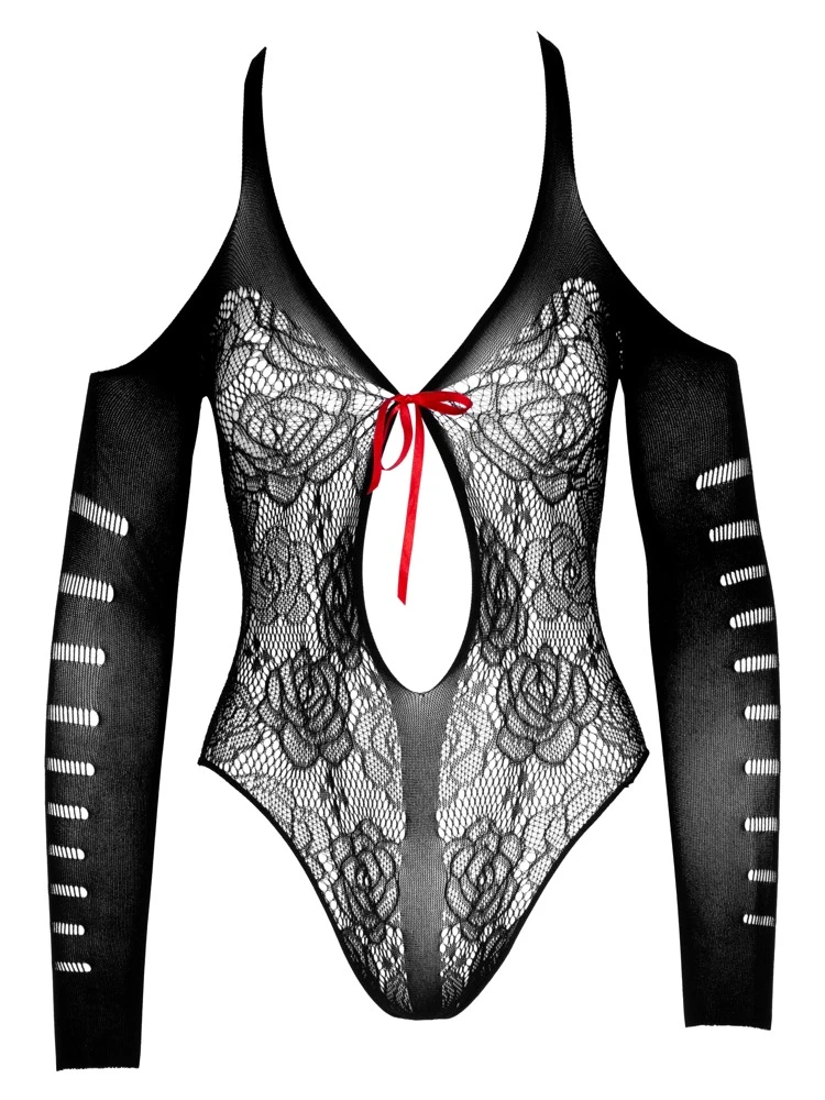 Streichelweicher Body ouvert von NO:XQSE in verführerischer Spitzenoptik. Mit 3/4 Arm und Cut-outs auf den Schultern.