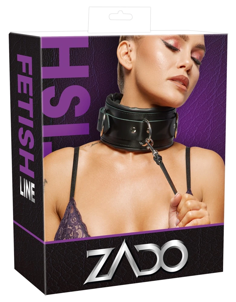 Bondage, Sexy Halsfessel mit Leine aus schwarzem Leder, weich gepolstert & verstellbar, inkl. Schloss mit Schlüssel, Profi BDSM Dessous Accessoire ZADO