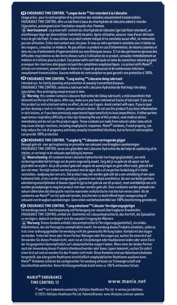 Manix Endurance Time Control12, Maximierte Kontrolle und intensive Sinnlichkeit – aktverlängernde Manix-Kondome mit Lidocain für länger anhaltende, heiße Momente